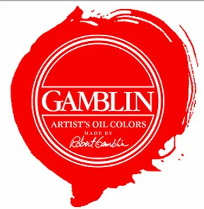 Logo of gamblin artists oil colors on a red paint smear background.